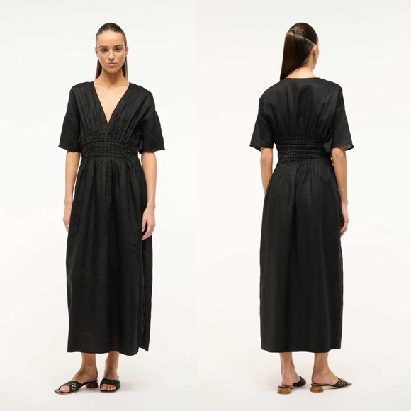 Staud Black Lauretta Pleated Waist 100% Linen Maxi Dress New - Size Xs